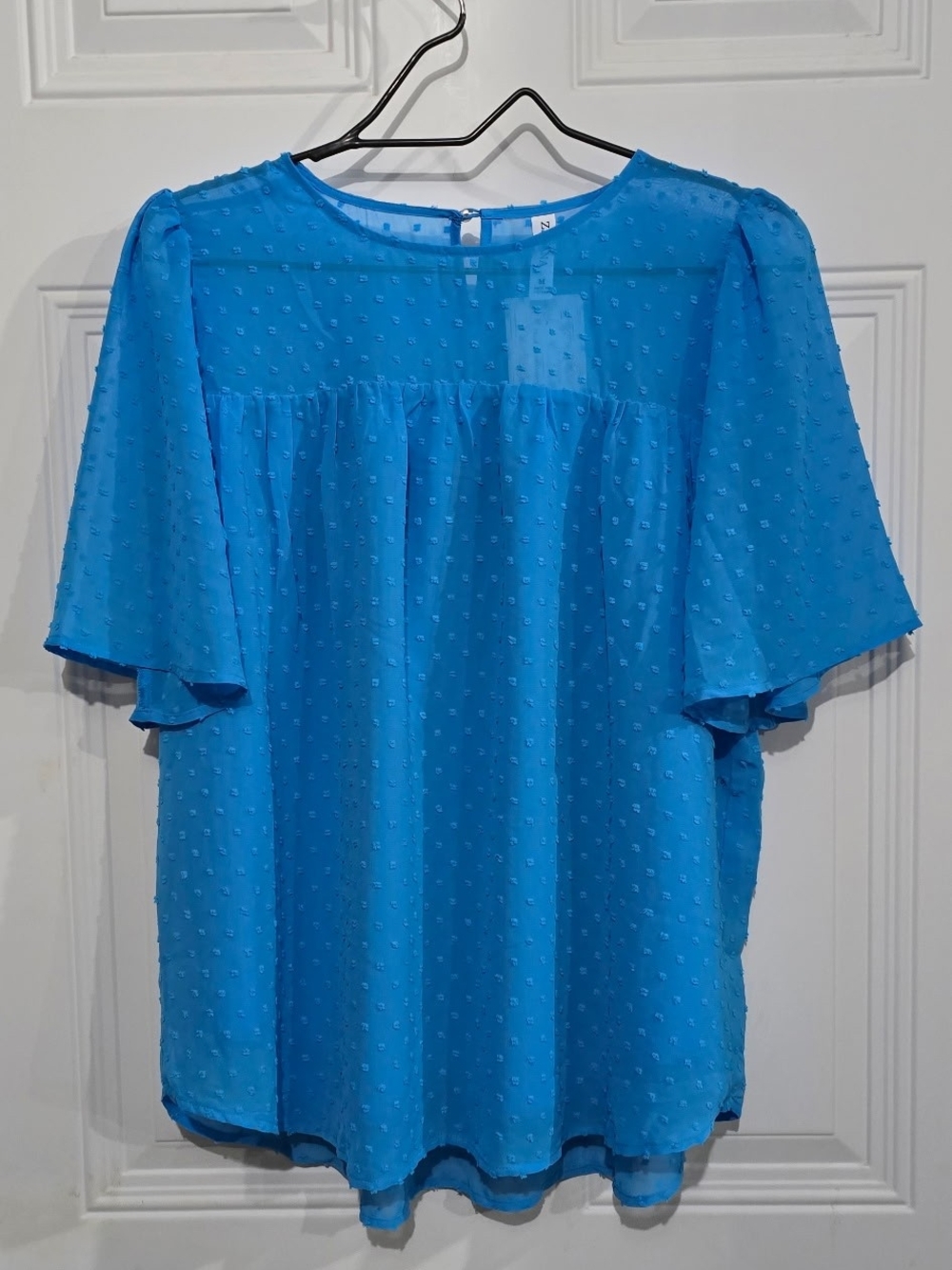 New M Zenana Outfitters Bright Blue Swiss Dot Flutter Sleeve Blouse